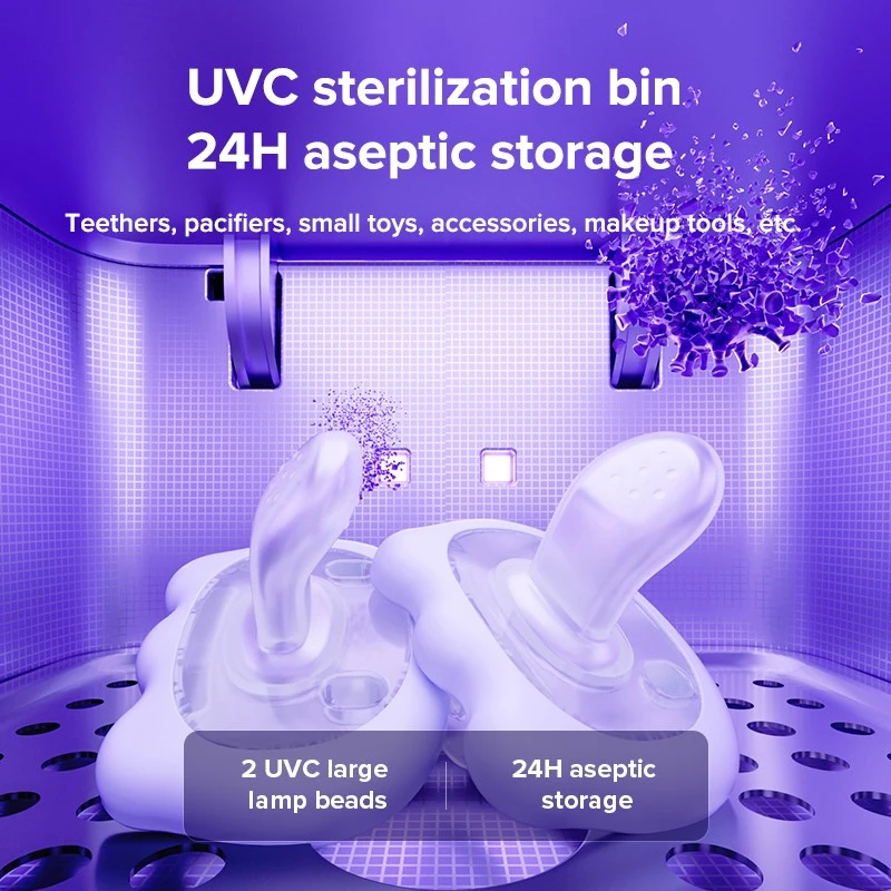 Built-in UVC sterilization bin for baby bottles and pacifiers Built-in UVC sterilization bin for baby bottles and pacifiers